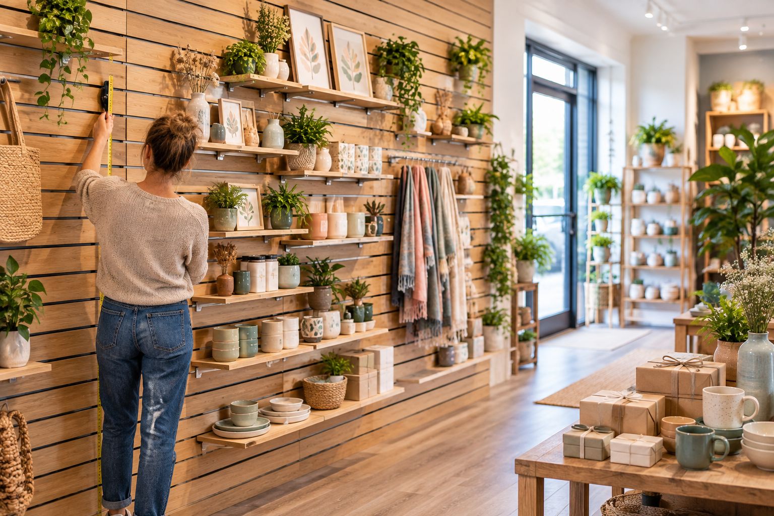 Measuring a gift shop wall while checking the doorway and space in front of the proposed display