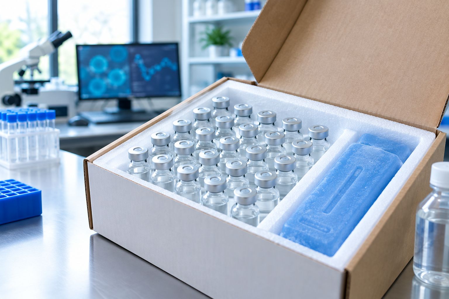 Glass vials packed in insulated foam for cold-chain shipping to a research lab