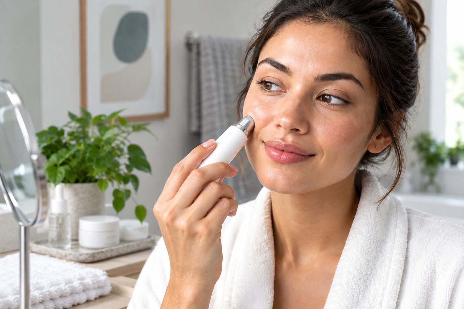 Handheld microdermabrasion device being used on the cheek
