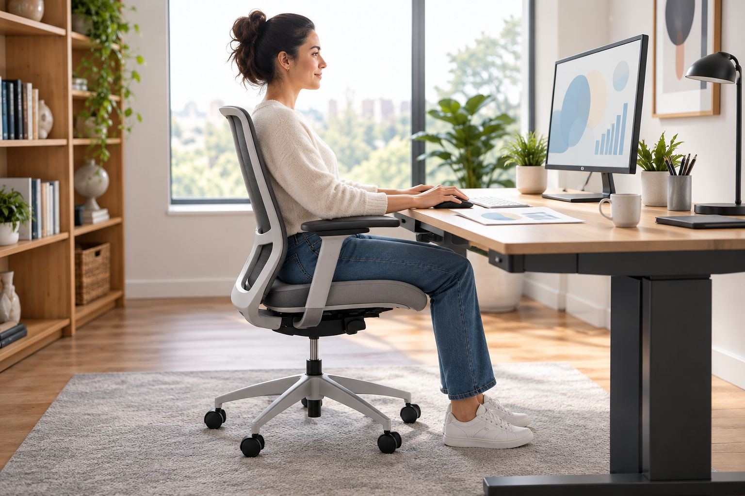 A task chair being compared at a desk during ordinary keyboard and document work