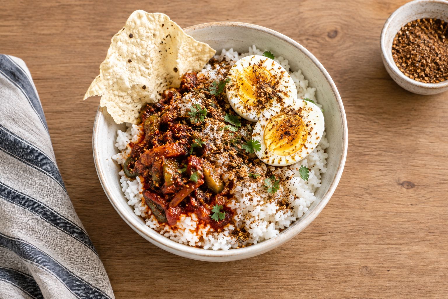 Overhead view of a pickle rice bowl with egg, pickle, and podi topping