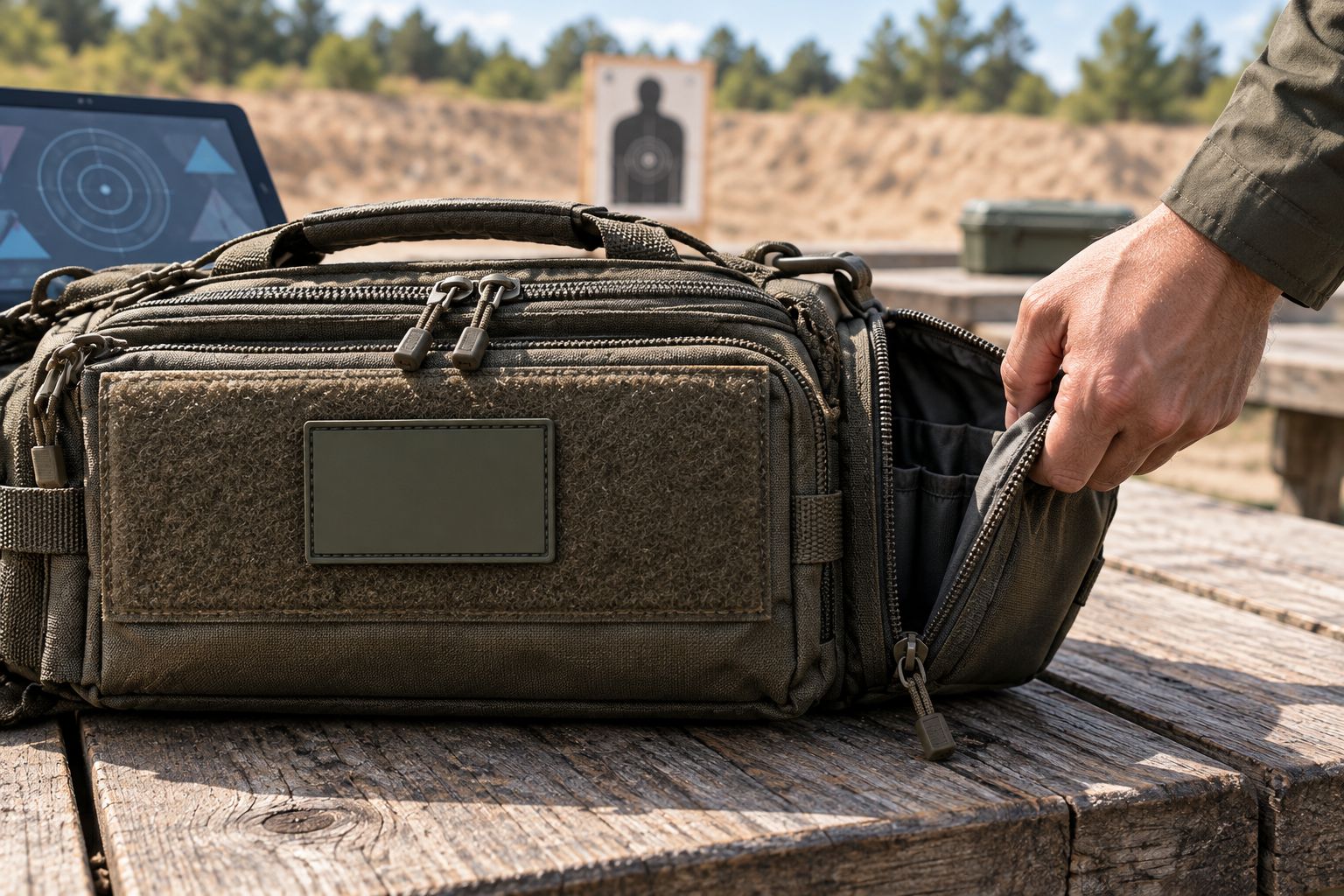 A patch fits inside a range bag panel without obstructing the adjacent zipper