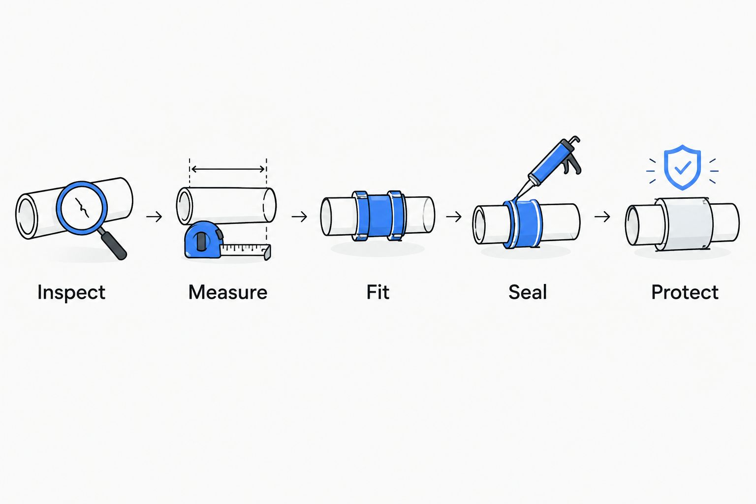 Five pipe-insulation steps: inspect, measure, fit, seal, and protect.