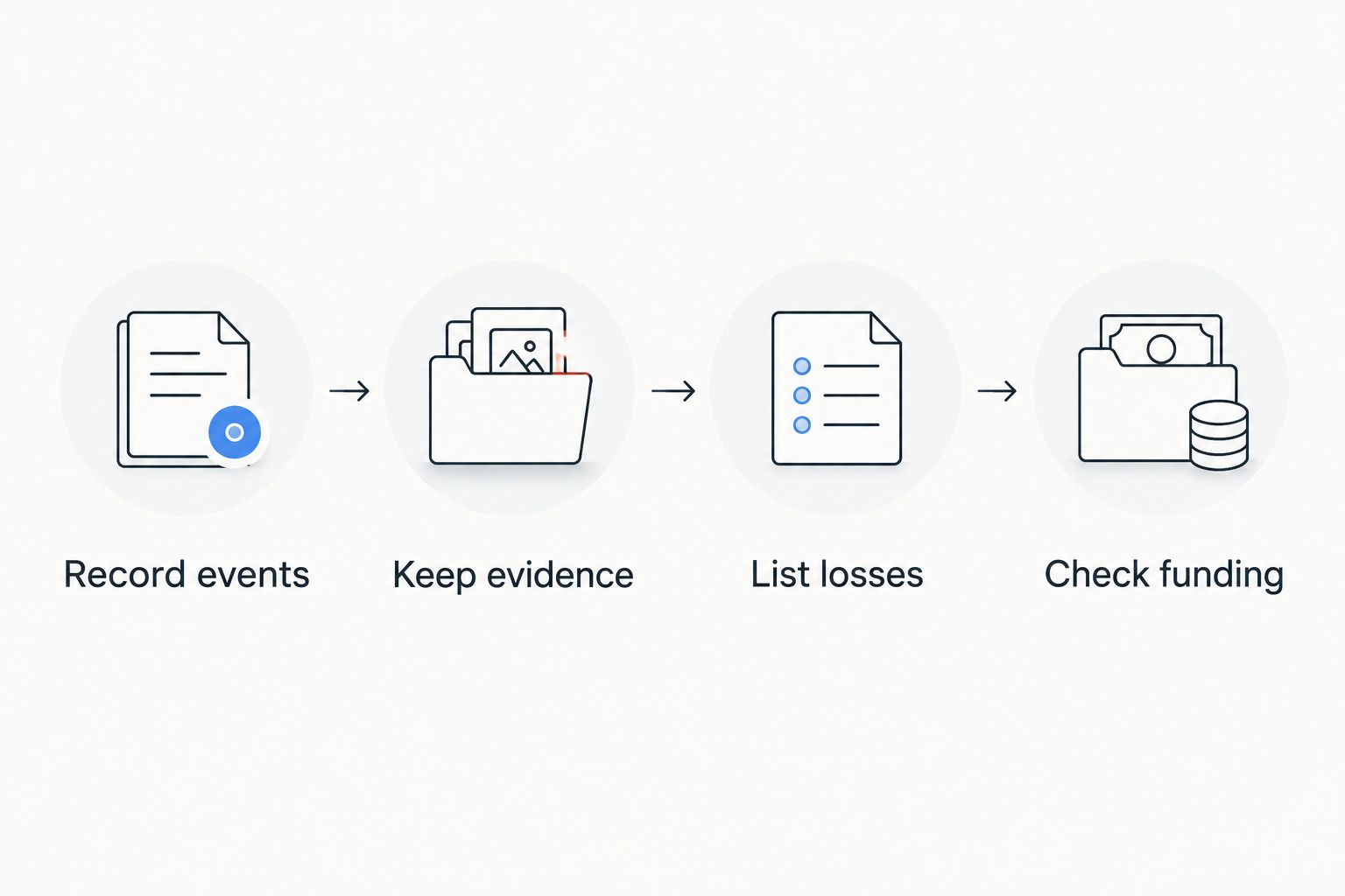 Four preparation steps covering events, evidence, losses and funding