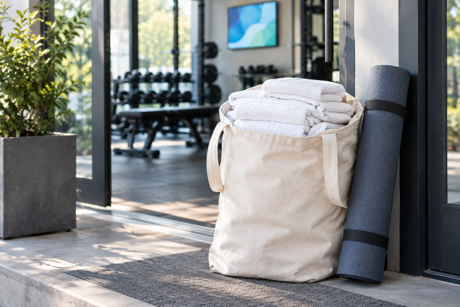 Bag of folded gym towels ready for on-demand pickup