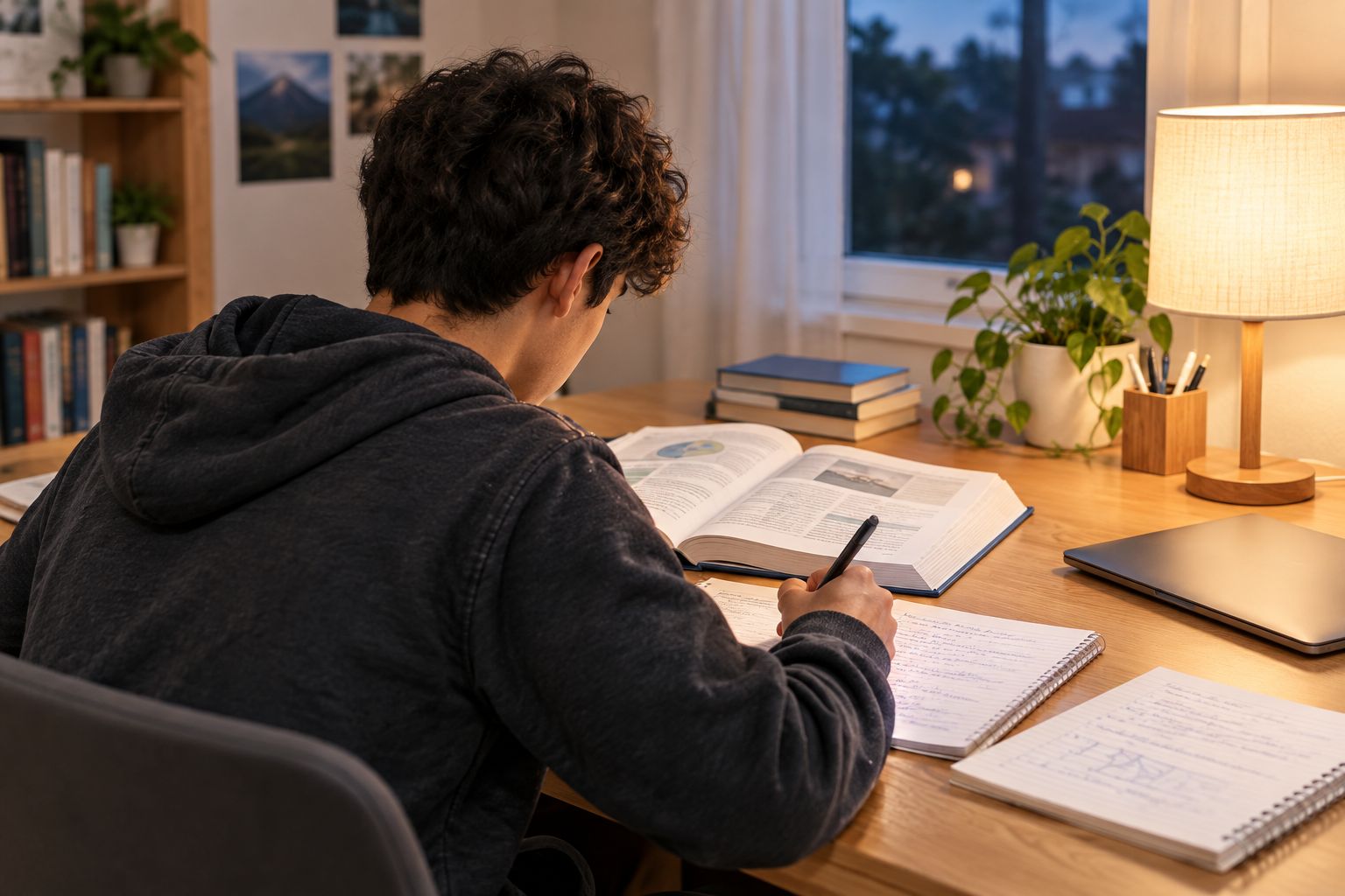 Student studying at a home desk in the evening with a textbook and notes