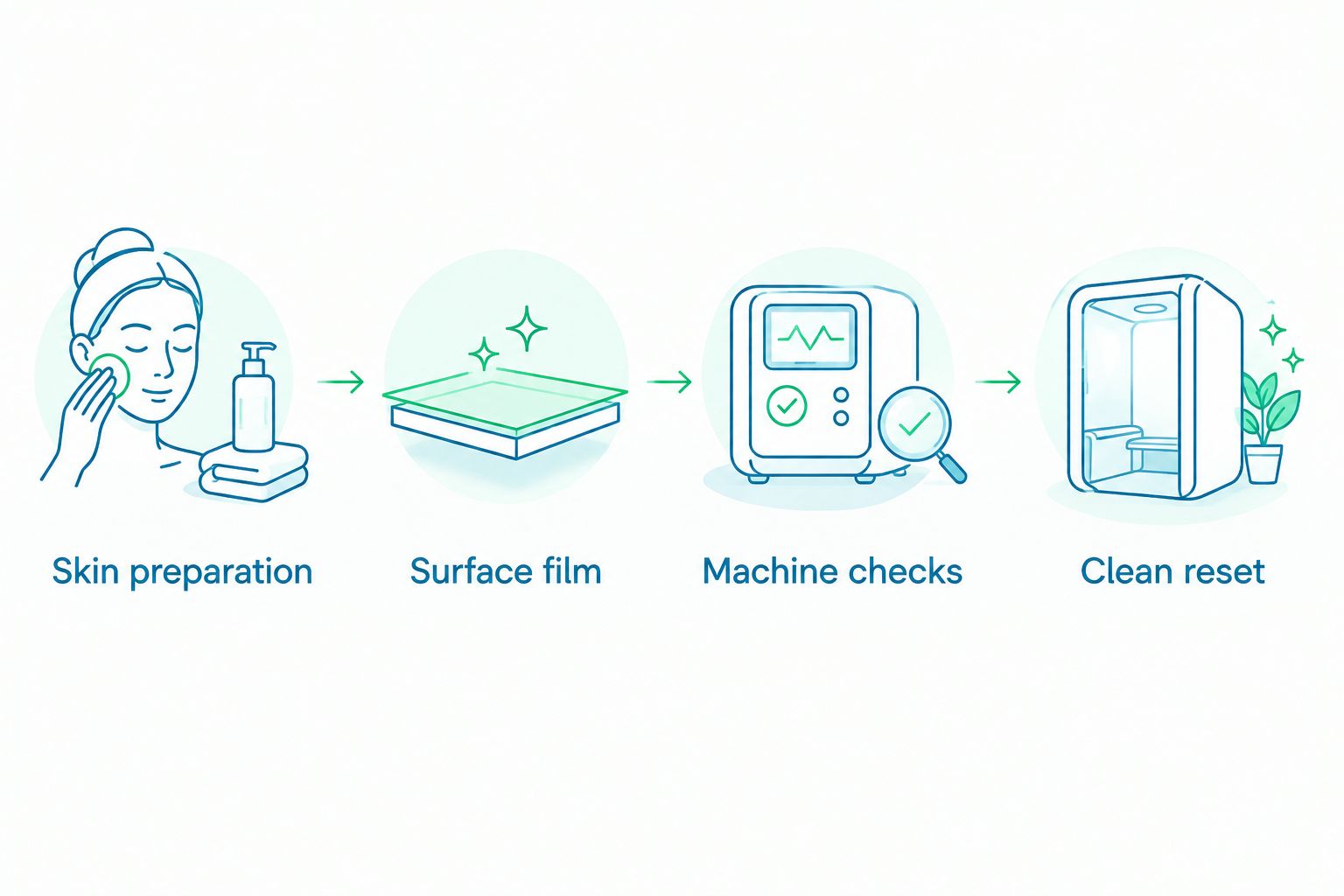 Workflow from skin preparation through surface film and machine checks to a clean reset