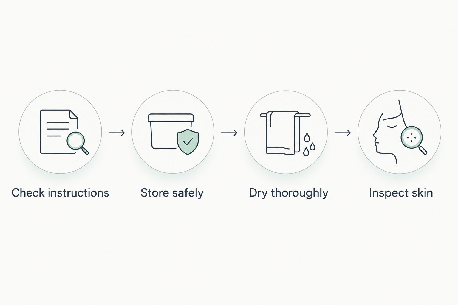 Four-step routine for checking shower permission, storing a ring, drying it, and inspecting skin.