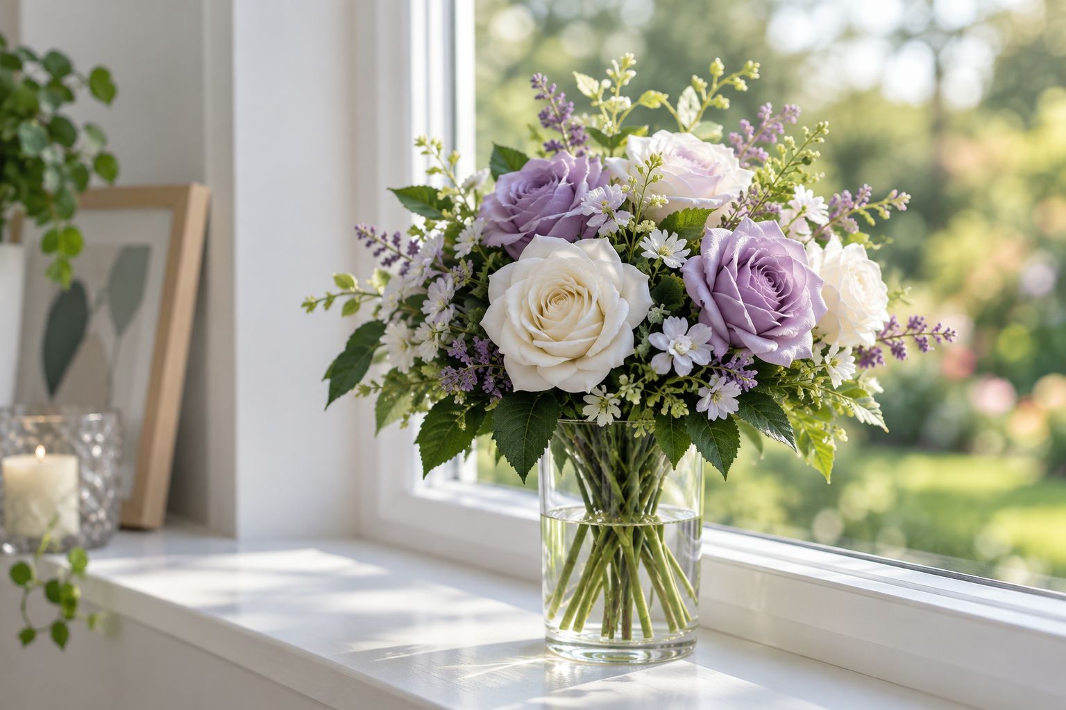 Real-touch rose posy displayed in a vase near a window