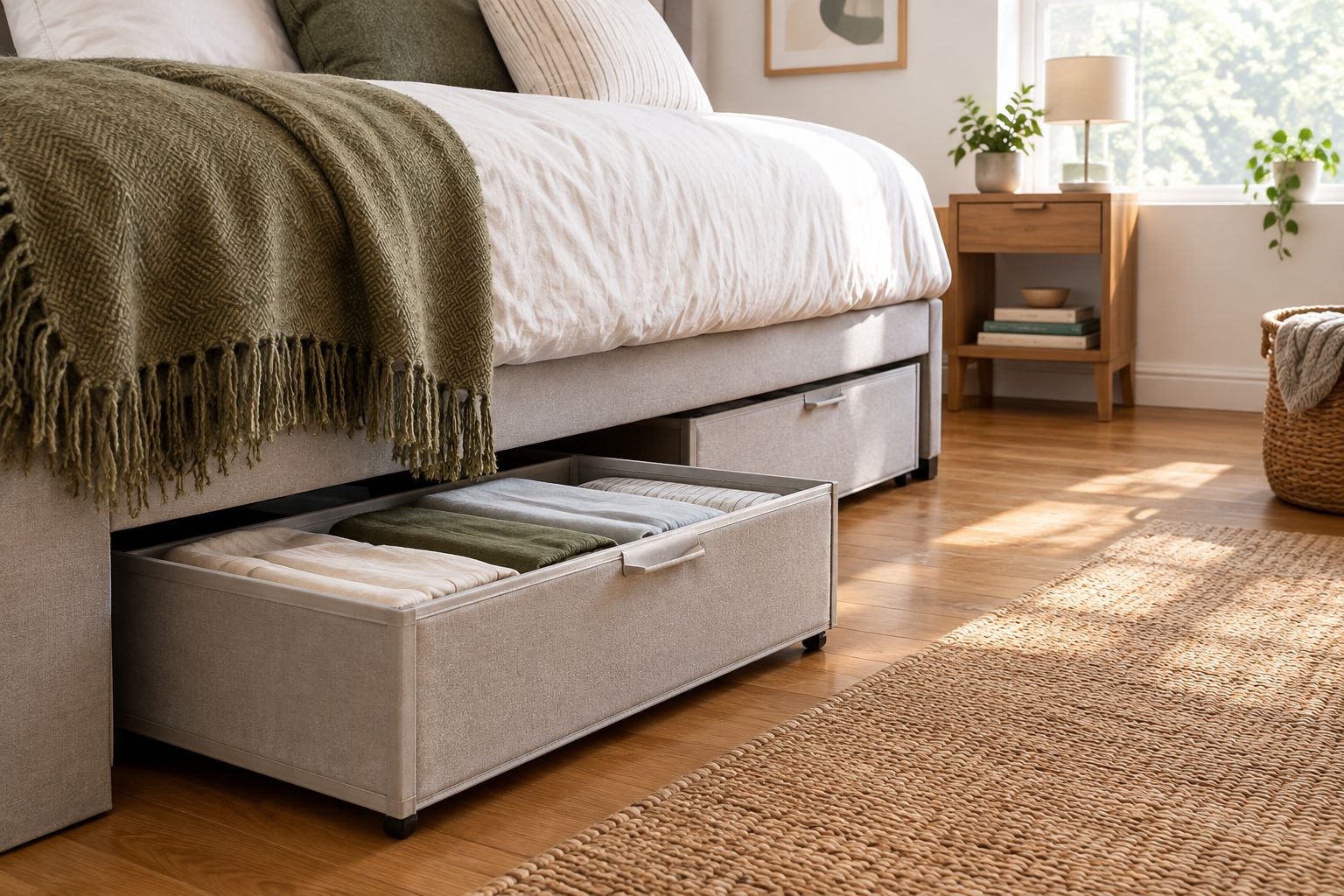 A shallow bin of folded spare sheets pulled out beside a bed with an unobstructed access route.