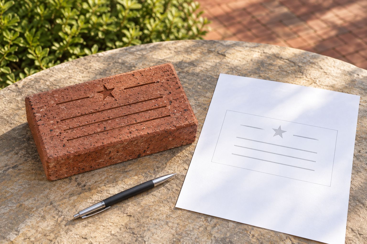 An engraved brick sample beside a blank layout sheet for reviewing the physical presentation.