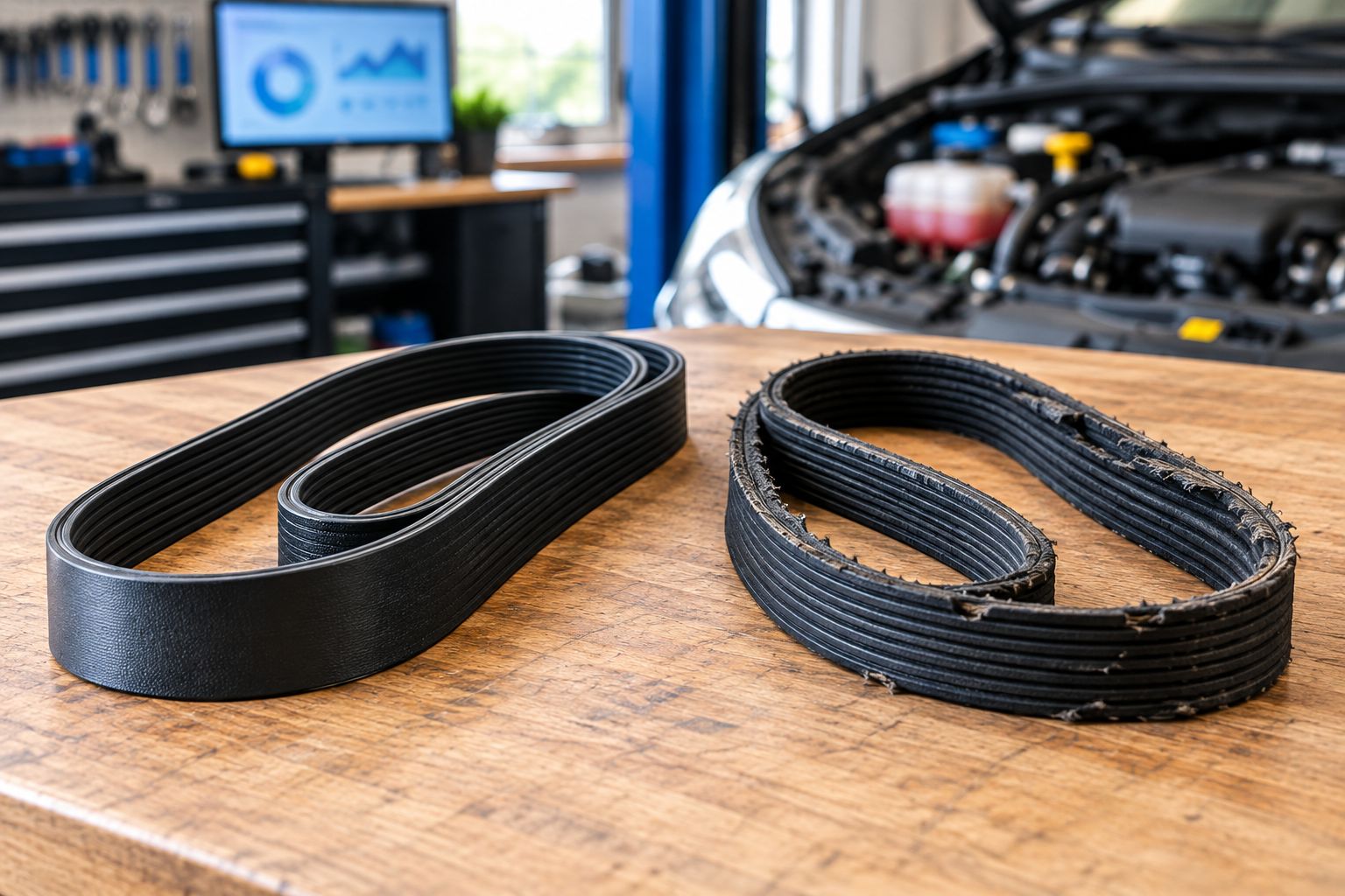 Automotive ribbed belts showing intact ribs beside frayed edges and missing rib material