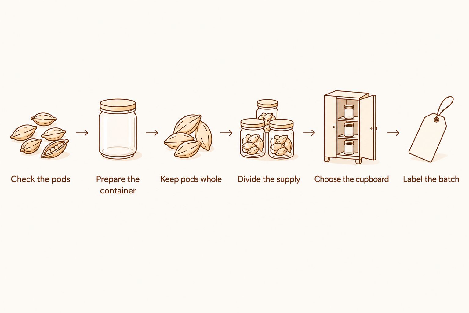 Six steps for checking, sealing, dividing, locating, and labeling whole green cardamom pods