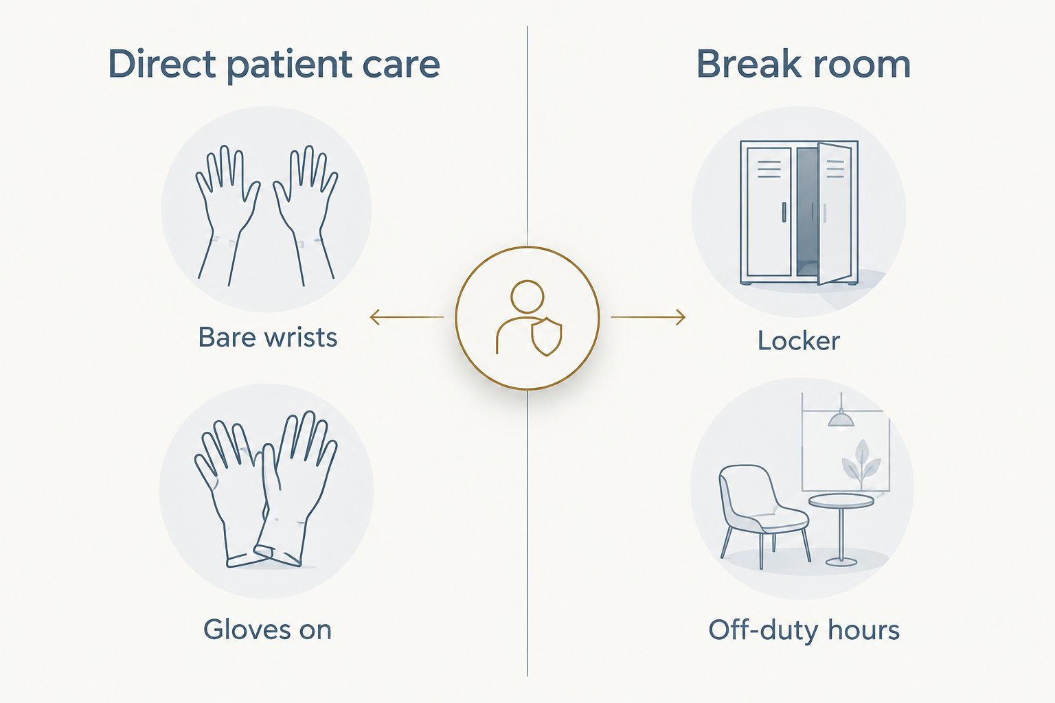 Two-column diagram comparing jewelry rules during patient care versus break room time