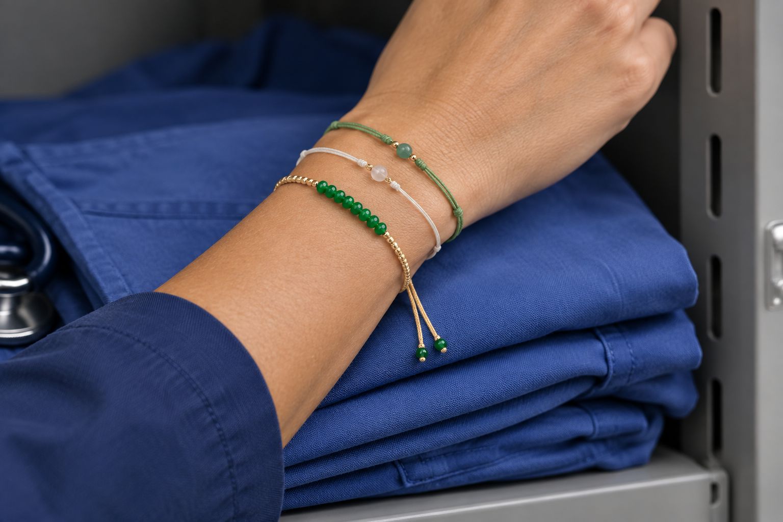 Adjustable green jade stacking bracelet layered with two other thin bracelets on folded scrubs