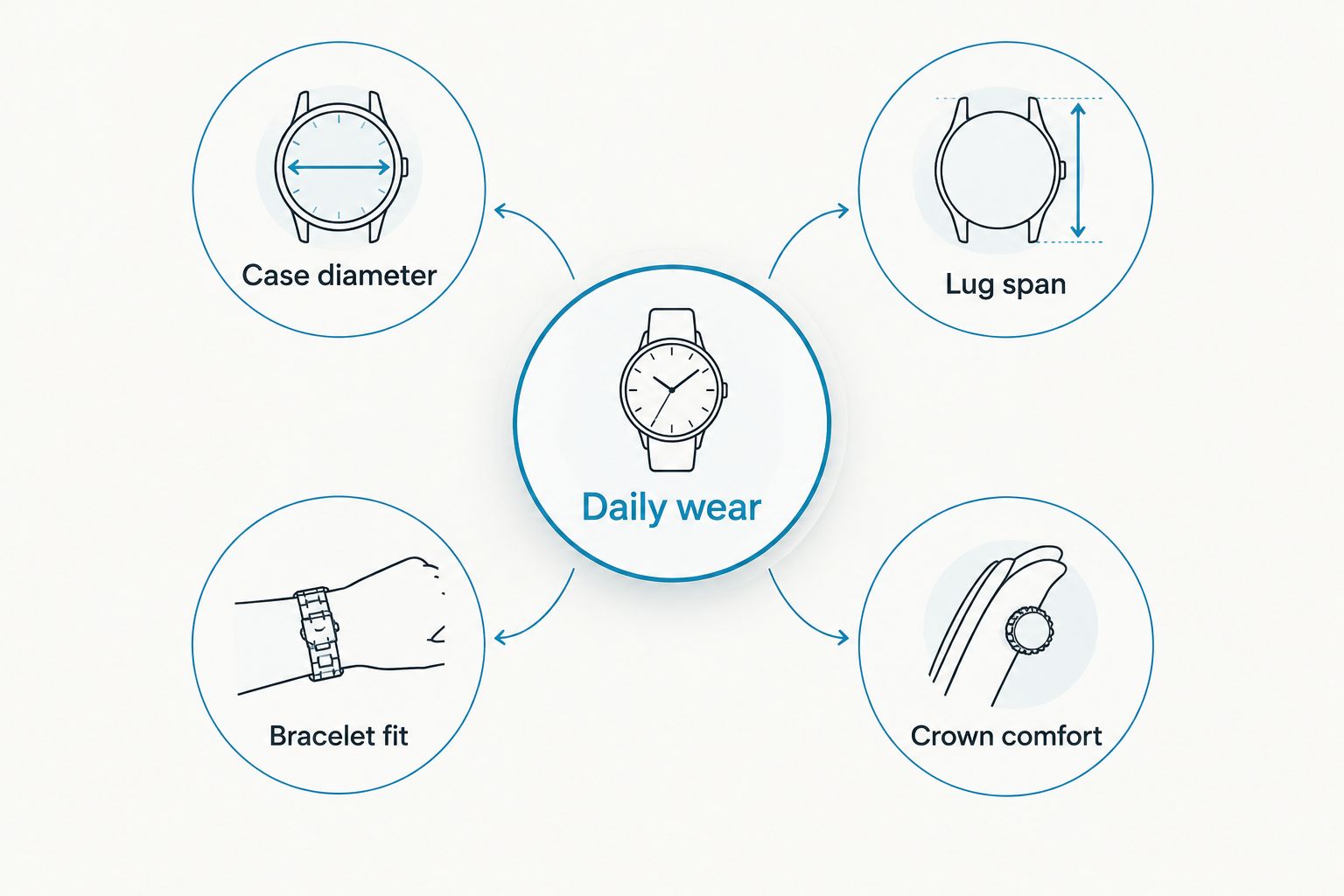 Daily-wear watch fit diagram covering case diameter, lug span, bracelet fit and crown comfort