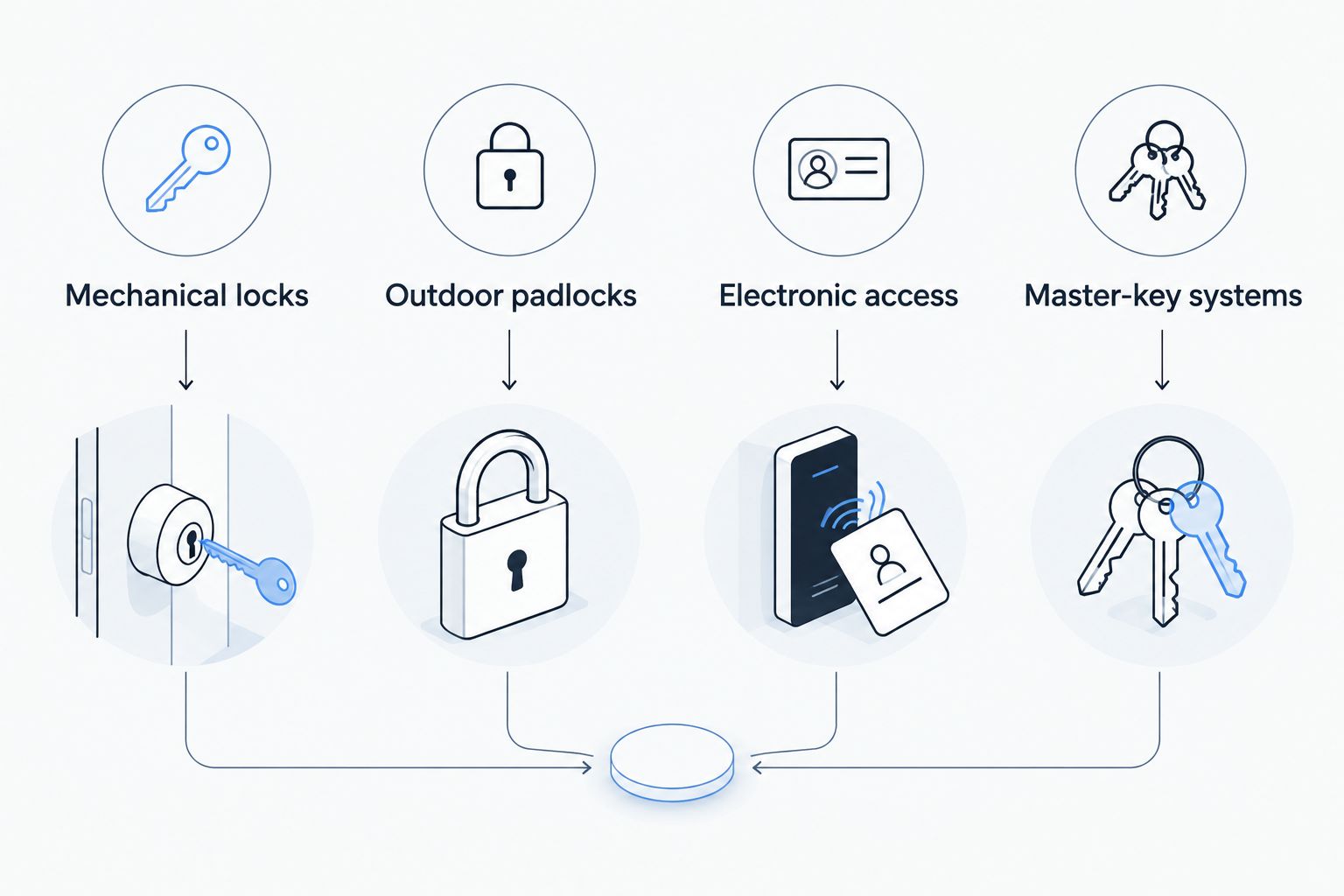 Four lock approaches: mechanical locks, outdoor padlocks, electronic access, and master-key systems
