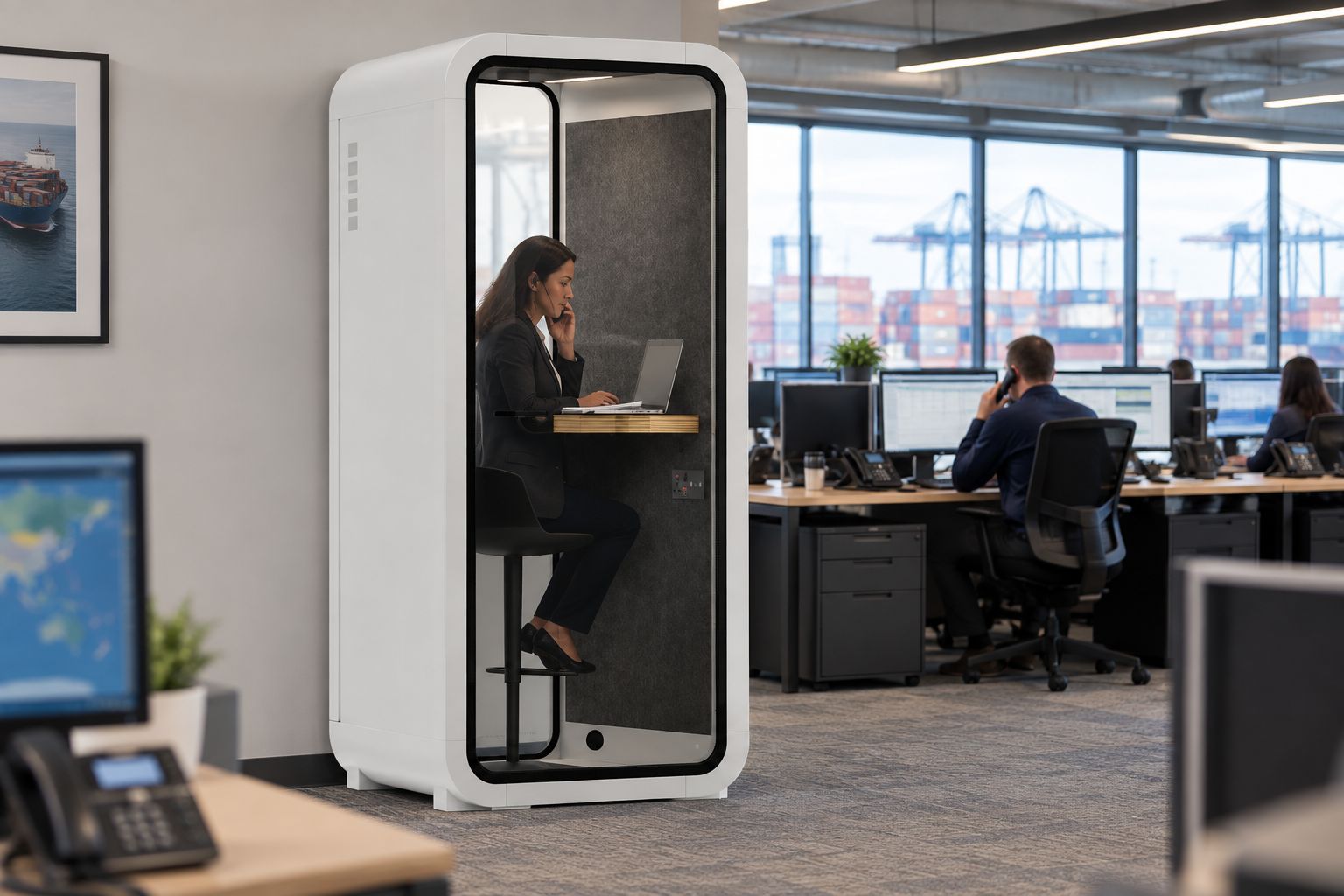 One-person soundproof office pod on a freight brokerage floor