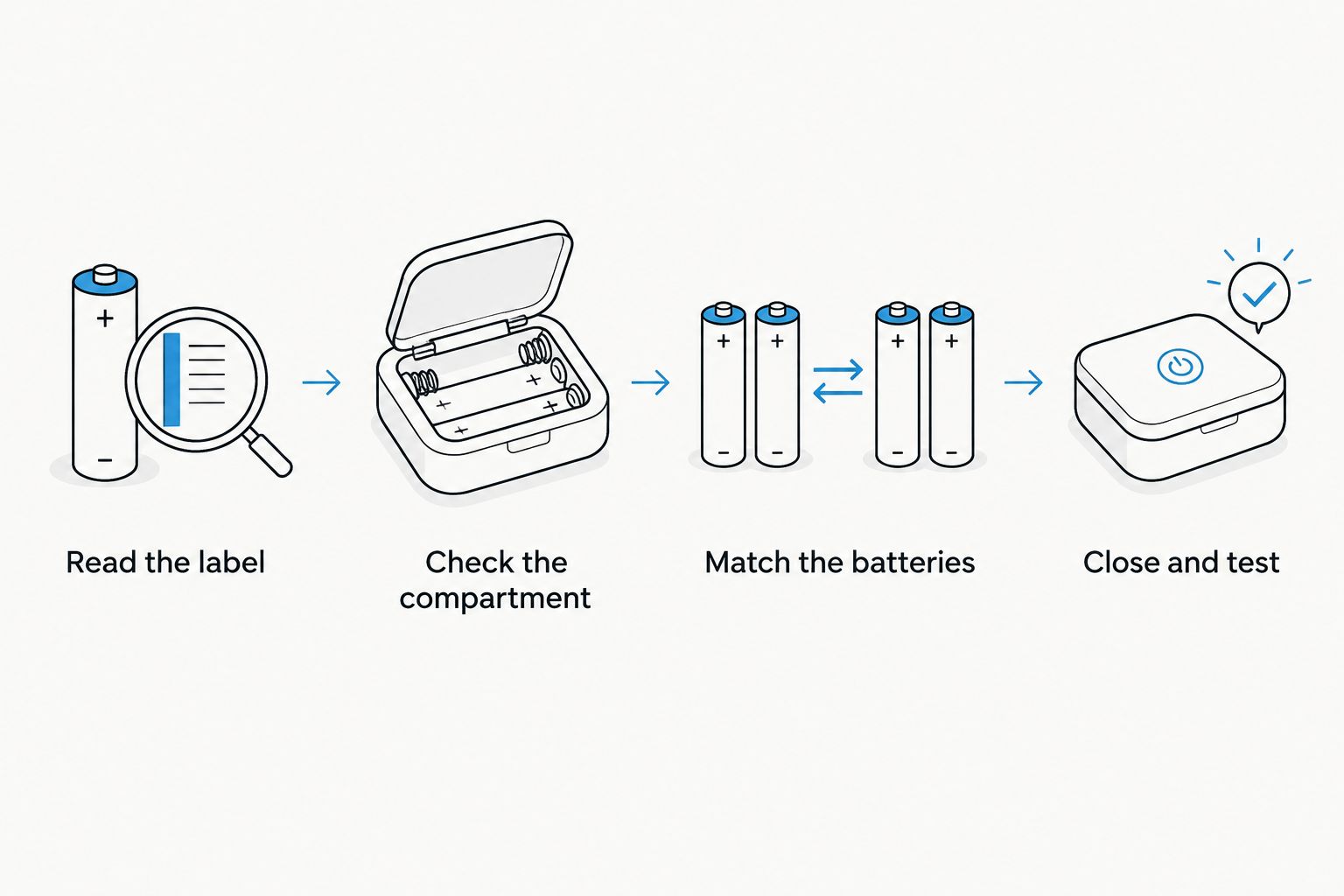 Battery replacement sequence from reading the label to closing and testing the toy