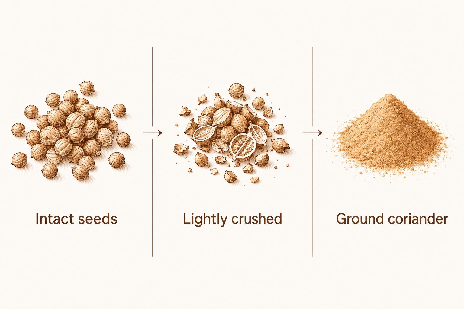 Comparison of intact coriander seeds, lightly crushed seed pieces, and ground coriander powder