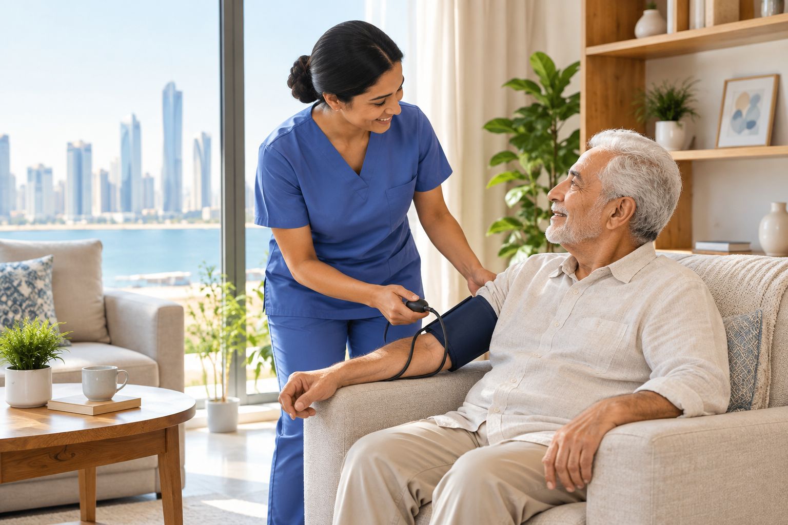 Caregiver checking an elderly patient's blood pressure at home