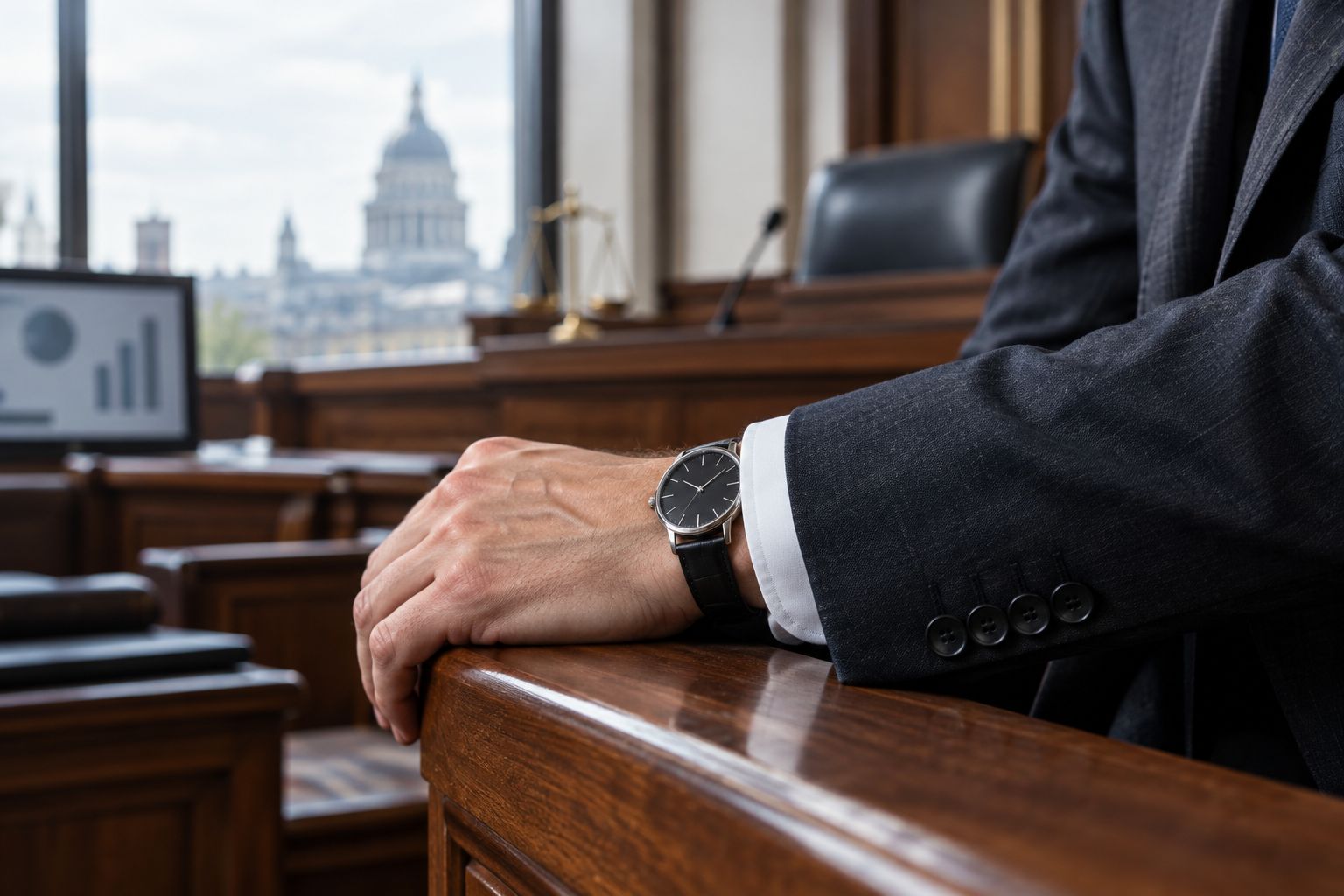 Slim dress watch worn under a suit cuff in a courtroom setting