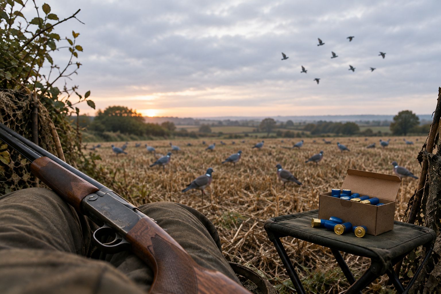 Pigeon decoy spread and cartridge box beside a hide at dawn