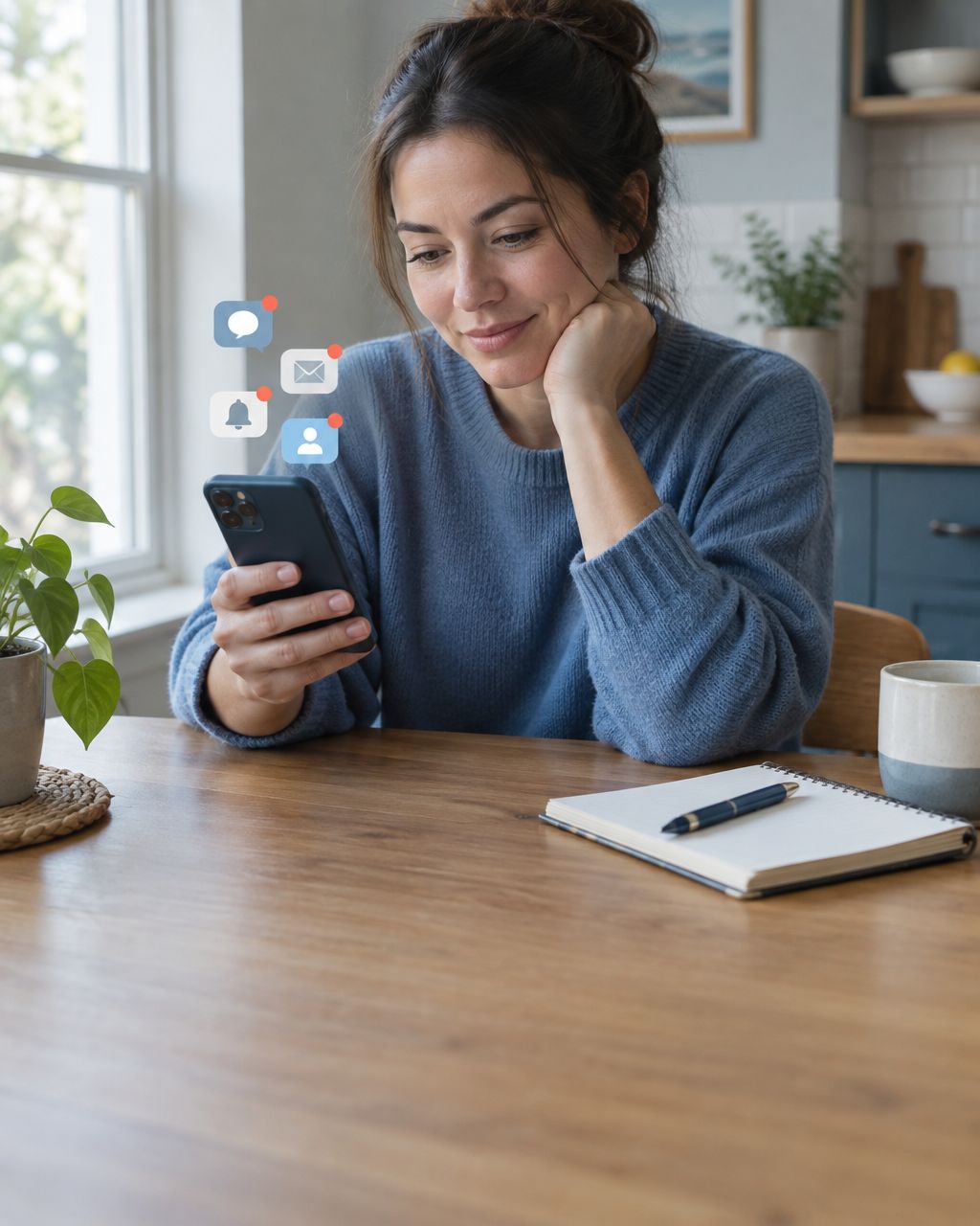 Homeowner comparing several competing notifications on a phone at a kitchen table