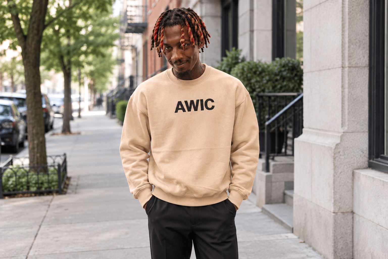 A front-facing streetwear outfit with the crewneck graphic visible