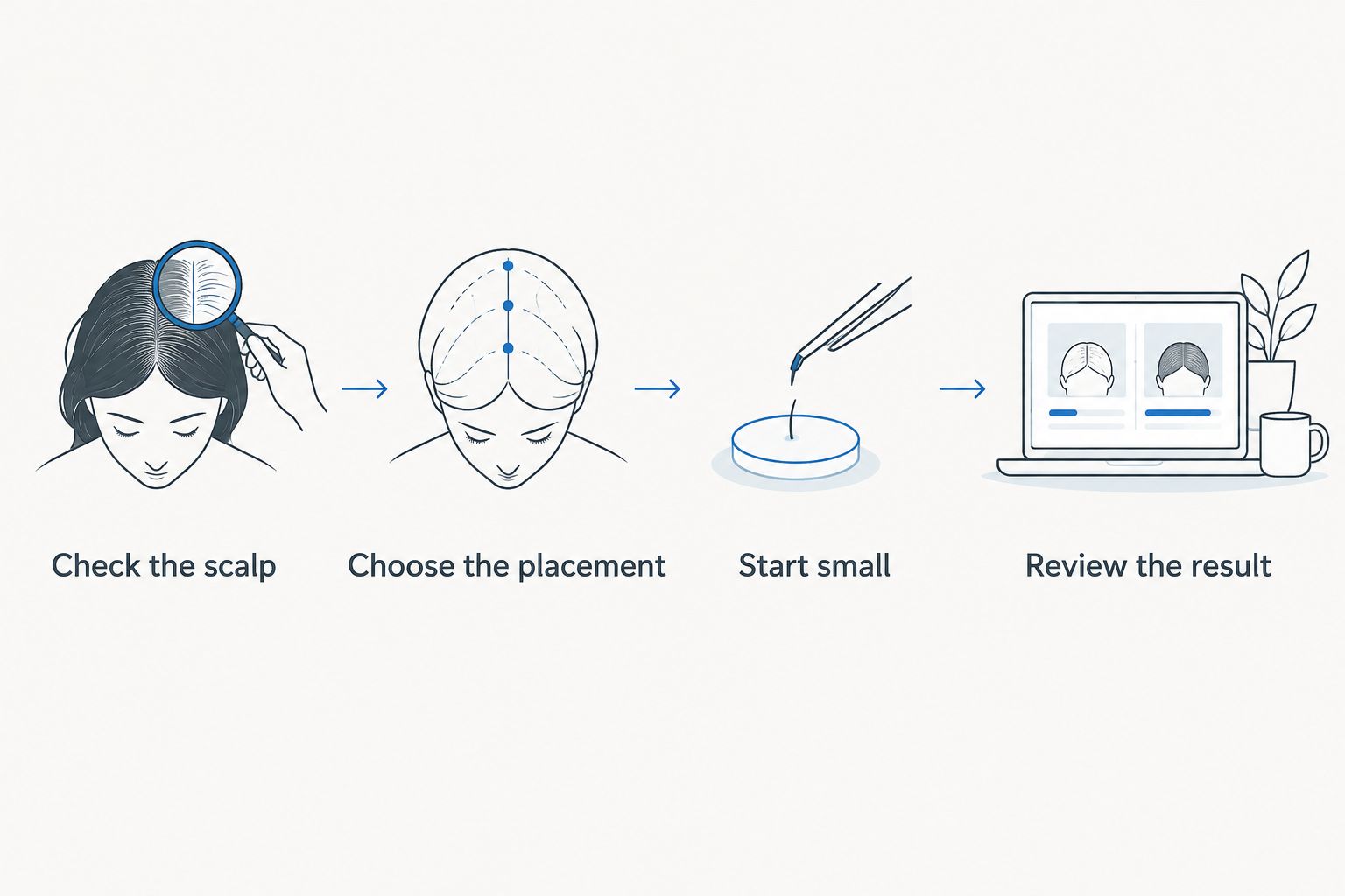 Four steps for assessing the scalp and applying oil only where hair needs conditioning.