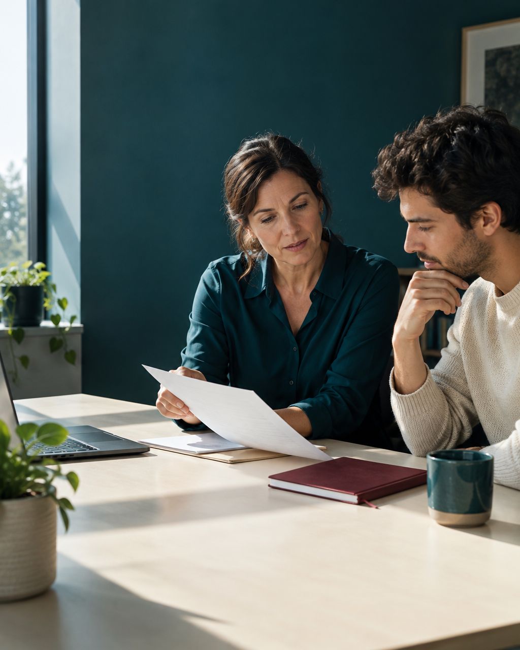 A mentor and colleague reviewing a recommendation letter at a desk