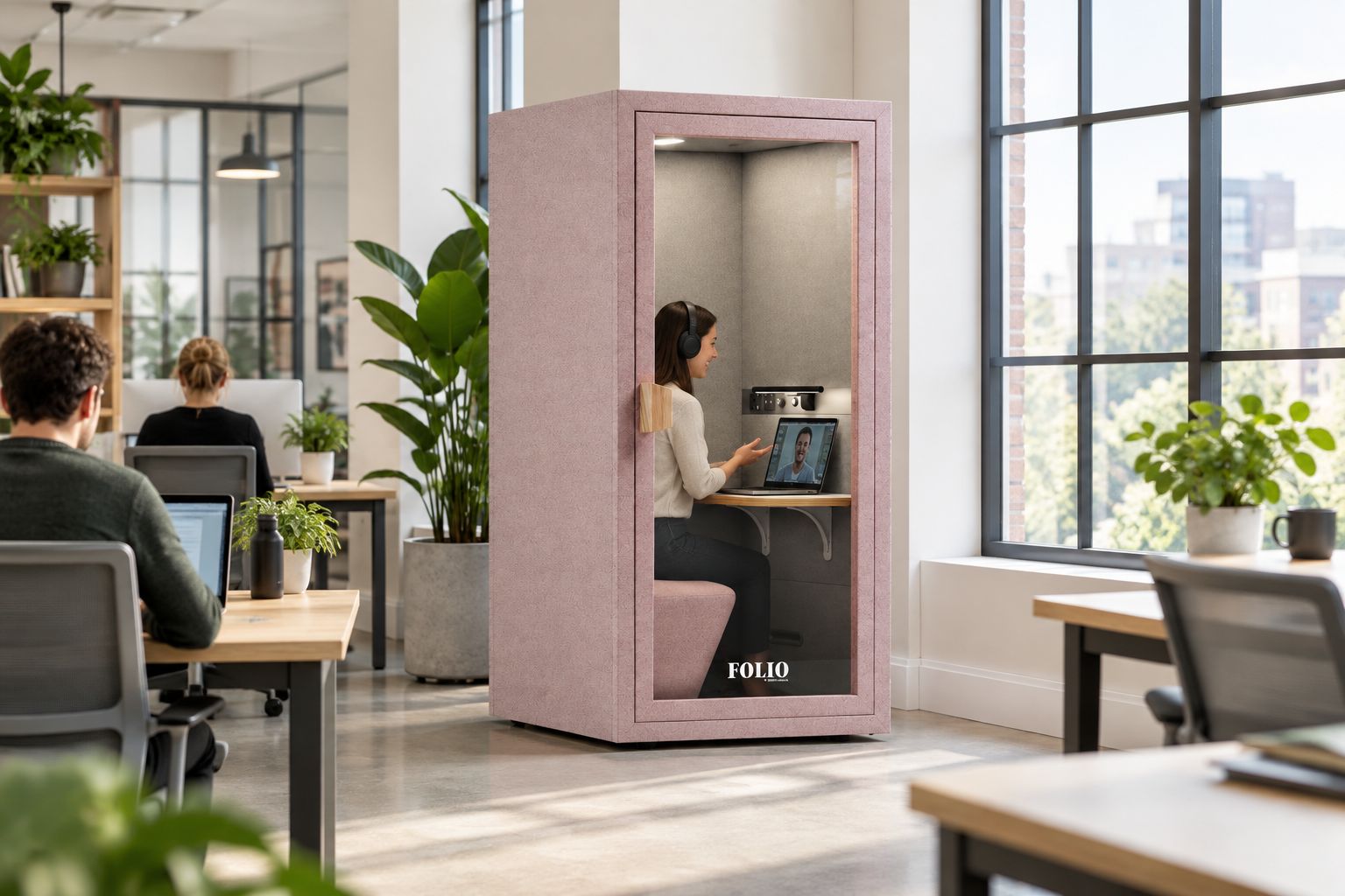 One-person office phone booth in an open-plan office with a person on a video call inside
