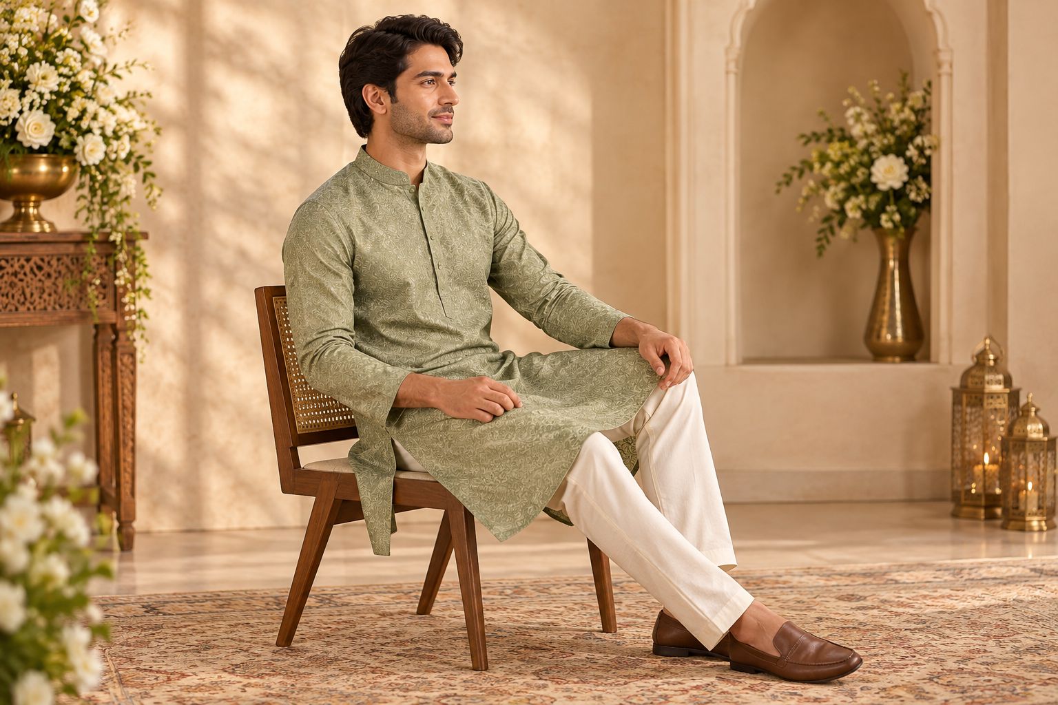 Seated kurta wearer showing comfortable shoulder, sleeve and trouser fit
