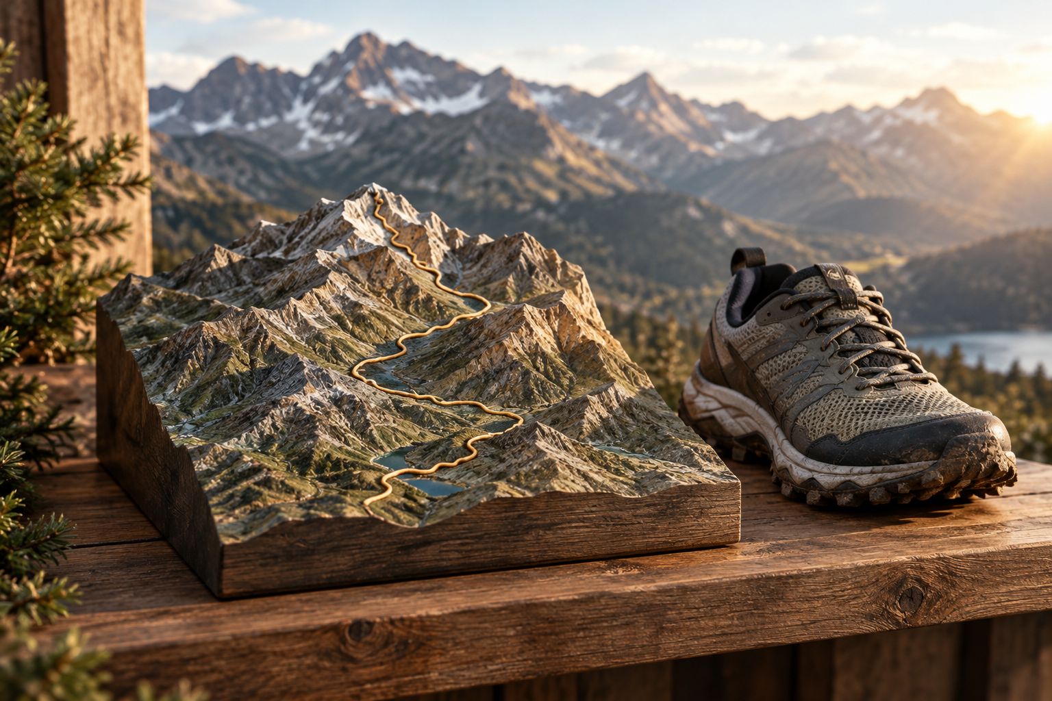 Generic mountain-relief sculpture with a route line displayed beside a trail-running shoe