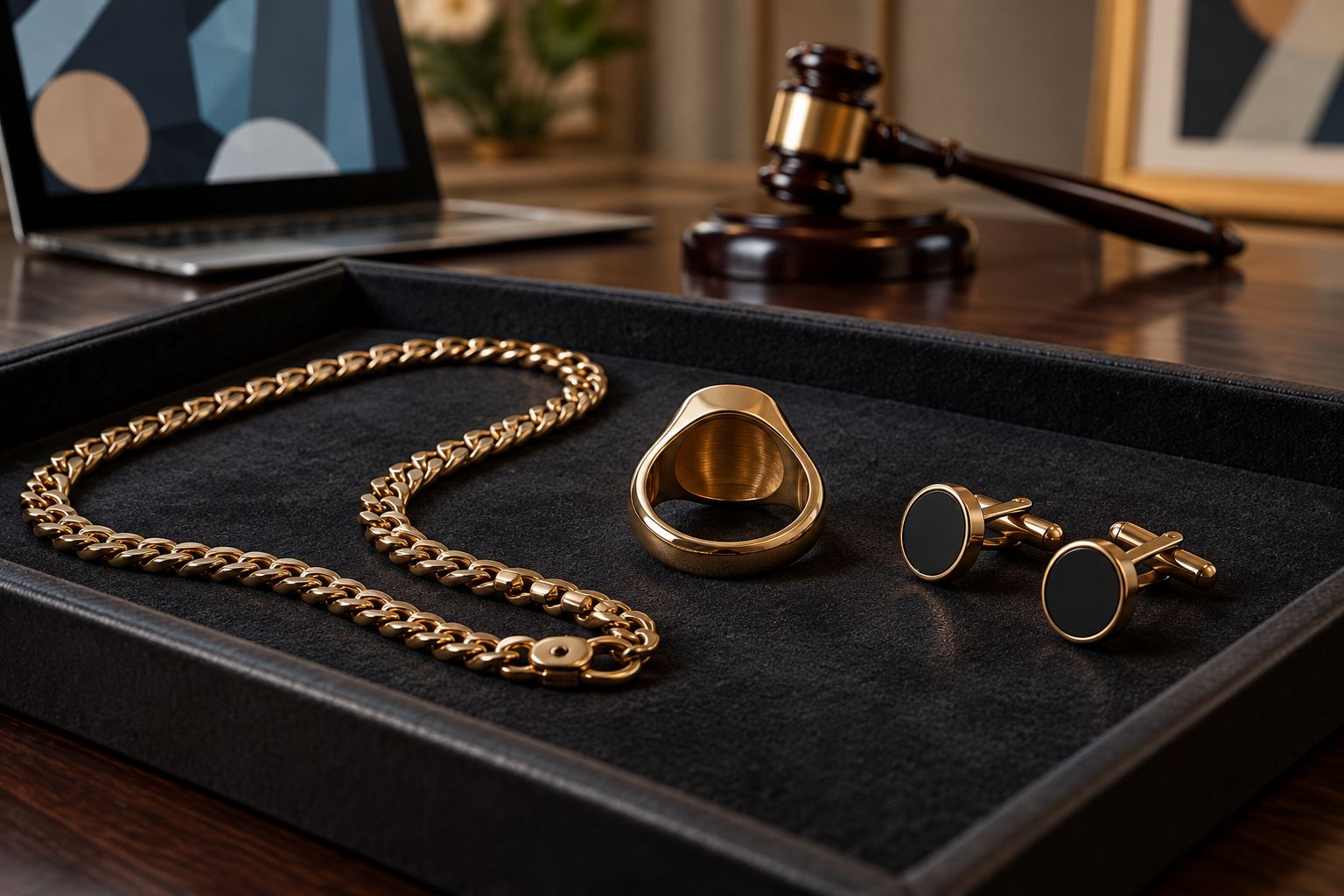Signet ring underside, chain clasp, and cufflink backs arranged for inspection