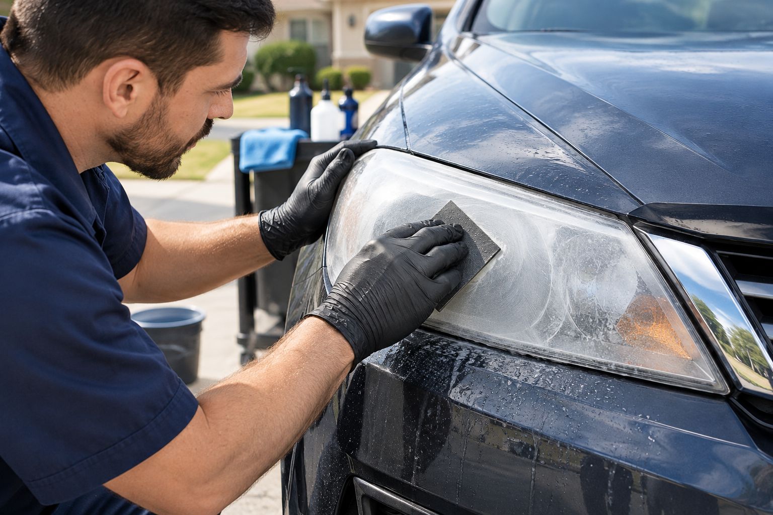 Technician wet sanding a cloudy car headlight lens in a driveway