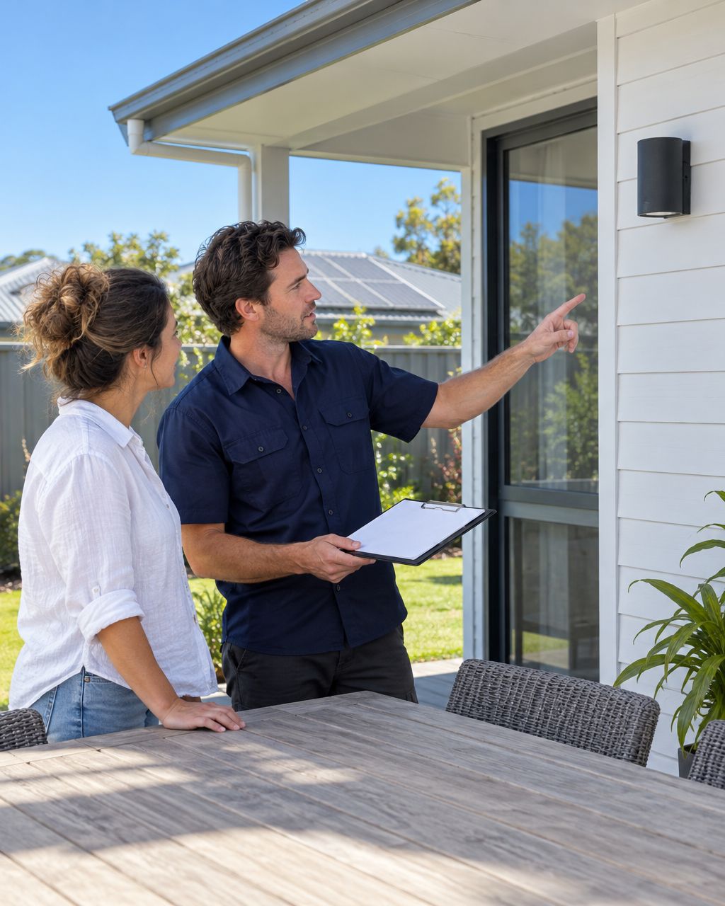 Illustration of a homeowner discussing an electrical job with a tradesperson outside a Queensland home.