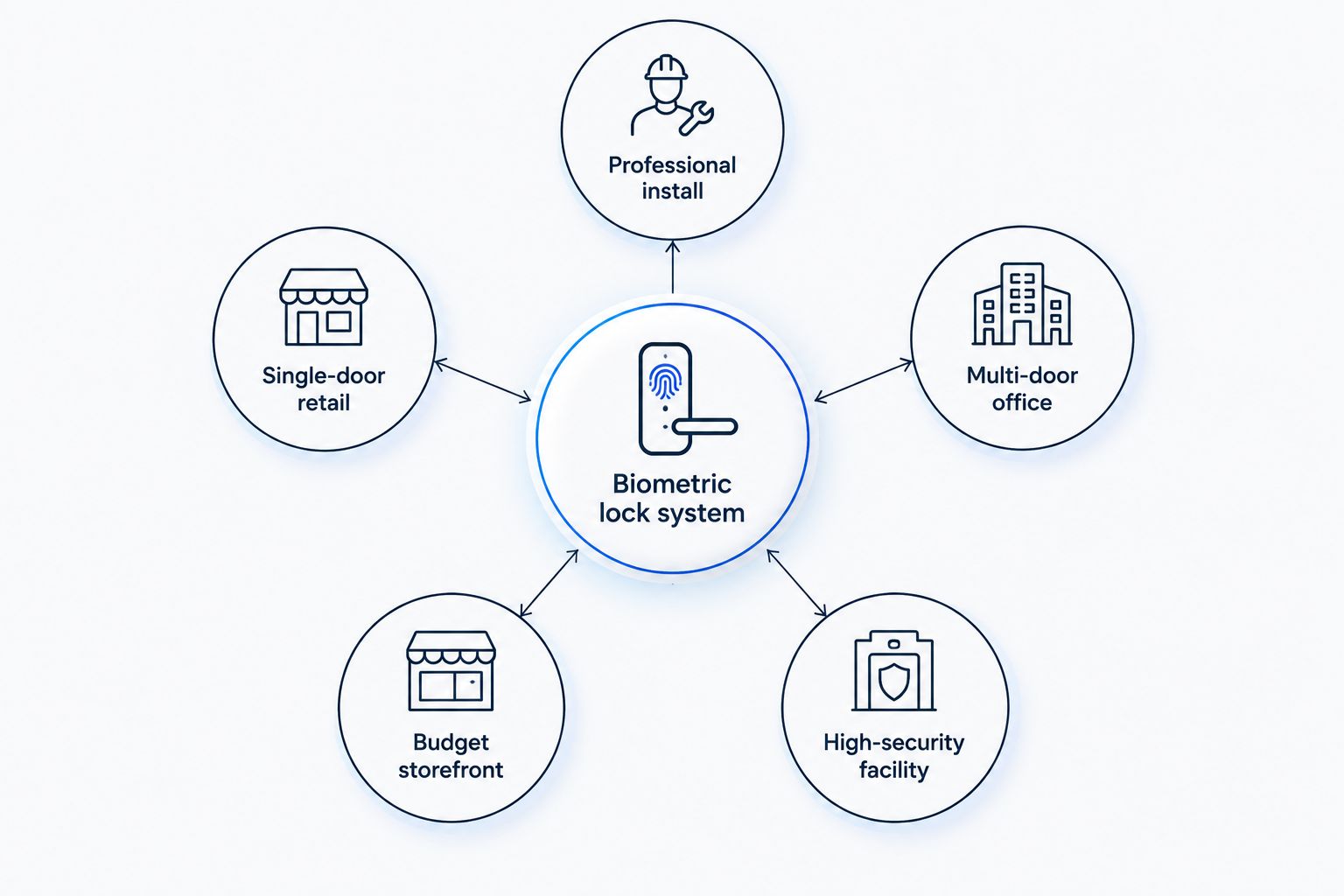 Diagram showing five biometric lock use cases branching from a central hub