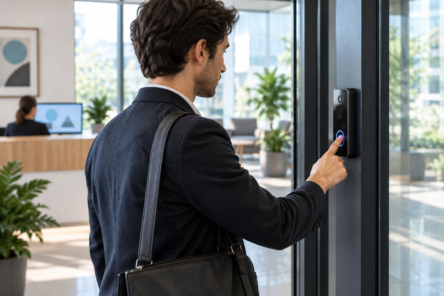 Employee unlocking a commercial office door with a fingerprint scanner