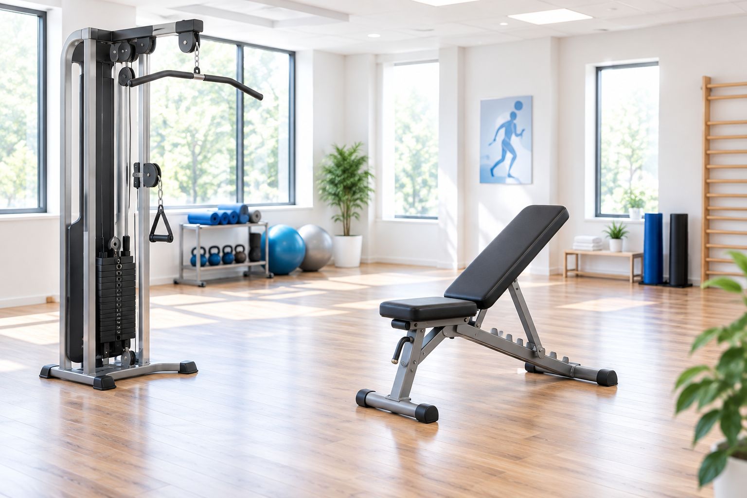 Weight room with a cable machine, a weight bench, and unobstructed pathways