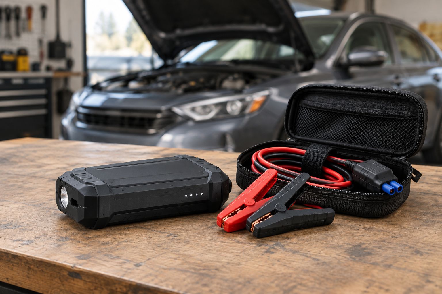 Compact portable jump starter and neatly stored clamps beside a car in a garage