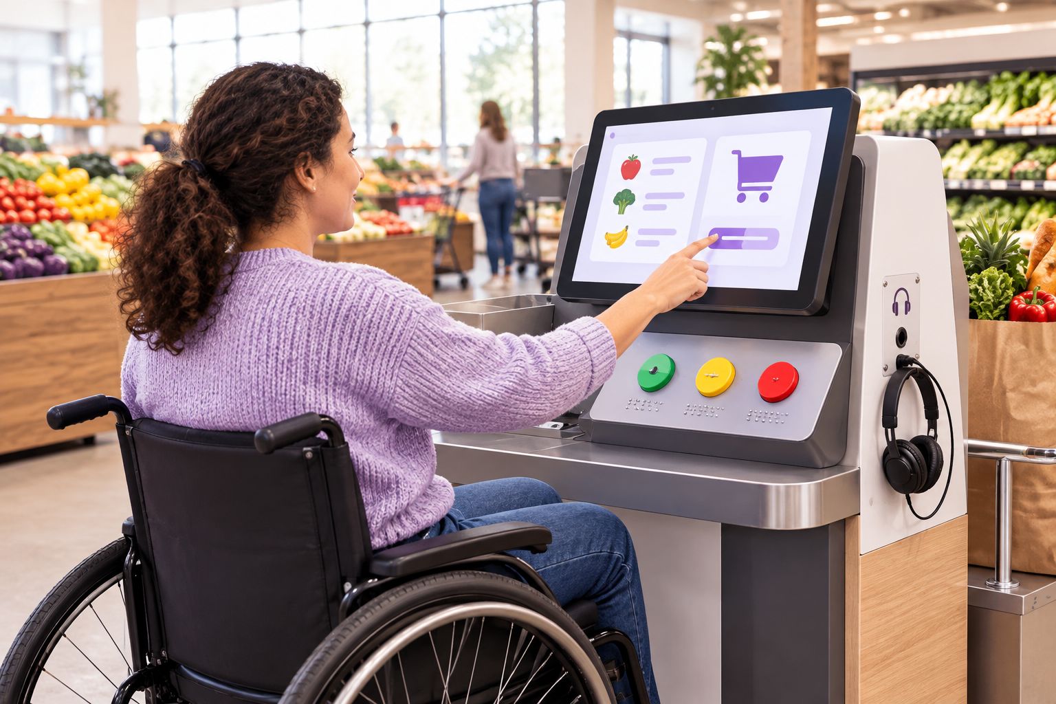 Accessible self-checkout kiosk at lowered height with tactile buttons and headphone jack