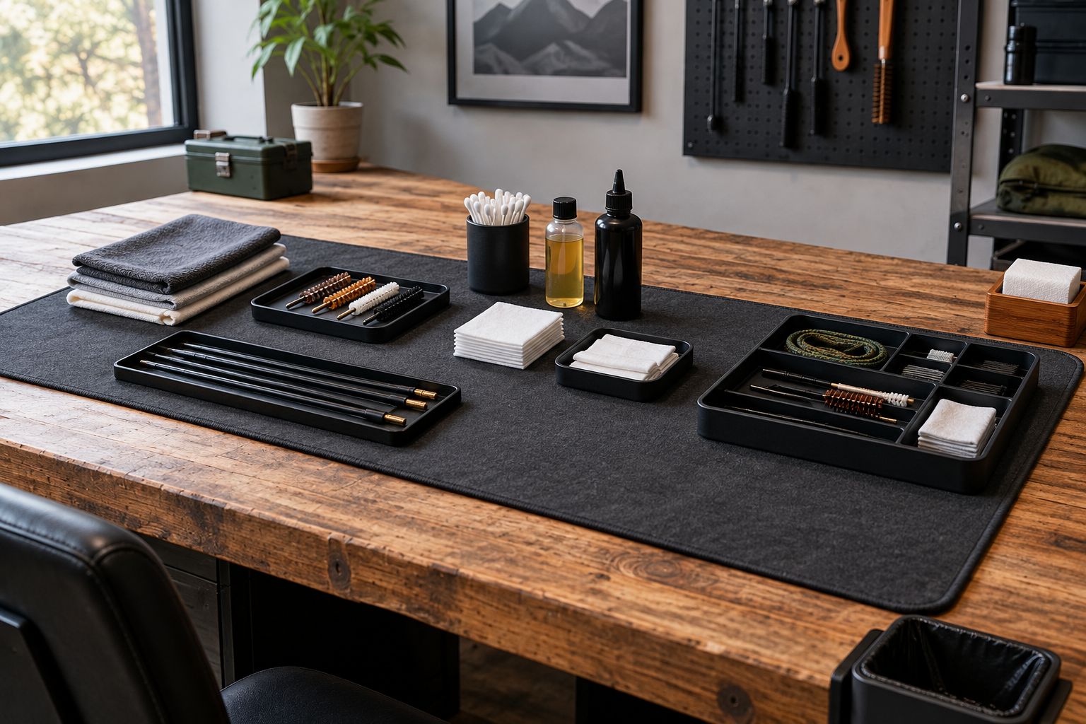 Cleaning bench with separate trays, tools, fresh cloths, and waste storage