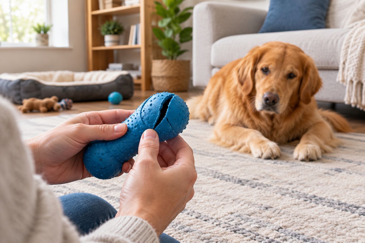 An owner inspecting a split rubber dog toy out of the dog's reach.
