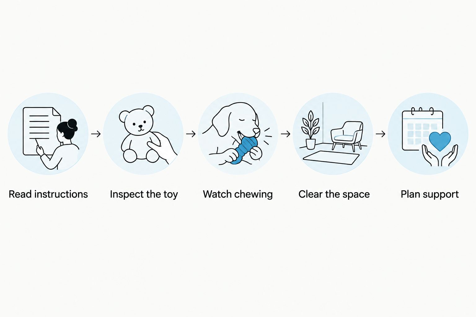A checklist covering instructions, toy inspection, chewing behavior, clearing the space, and planning support.