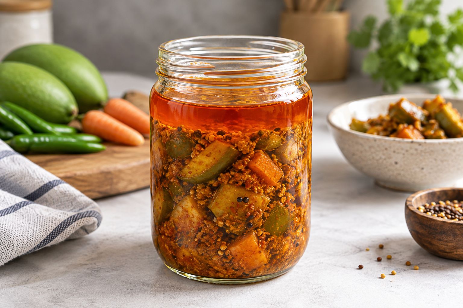 Smooth reddish oil above settled spices and vegetable pieces in an unbranded pickle jar