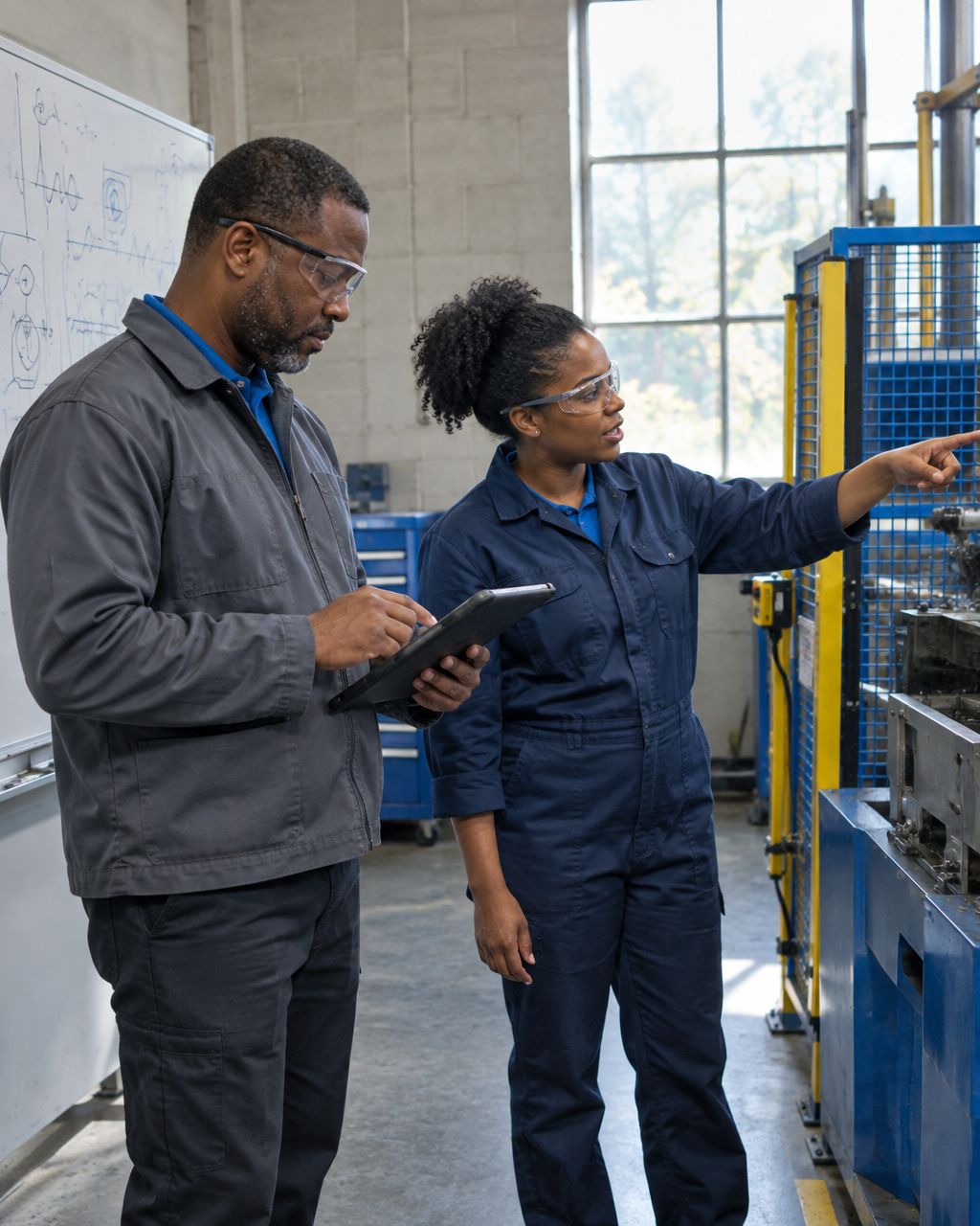 Illustrative photo of African American manufacturing staff reviewing safety inspection results on a tablet
