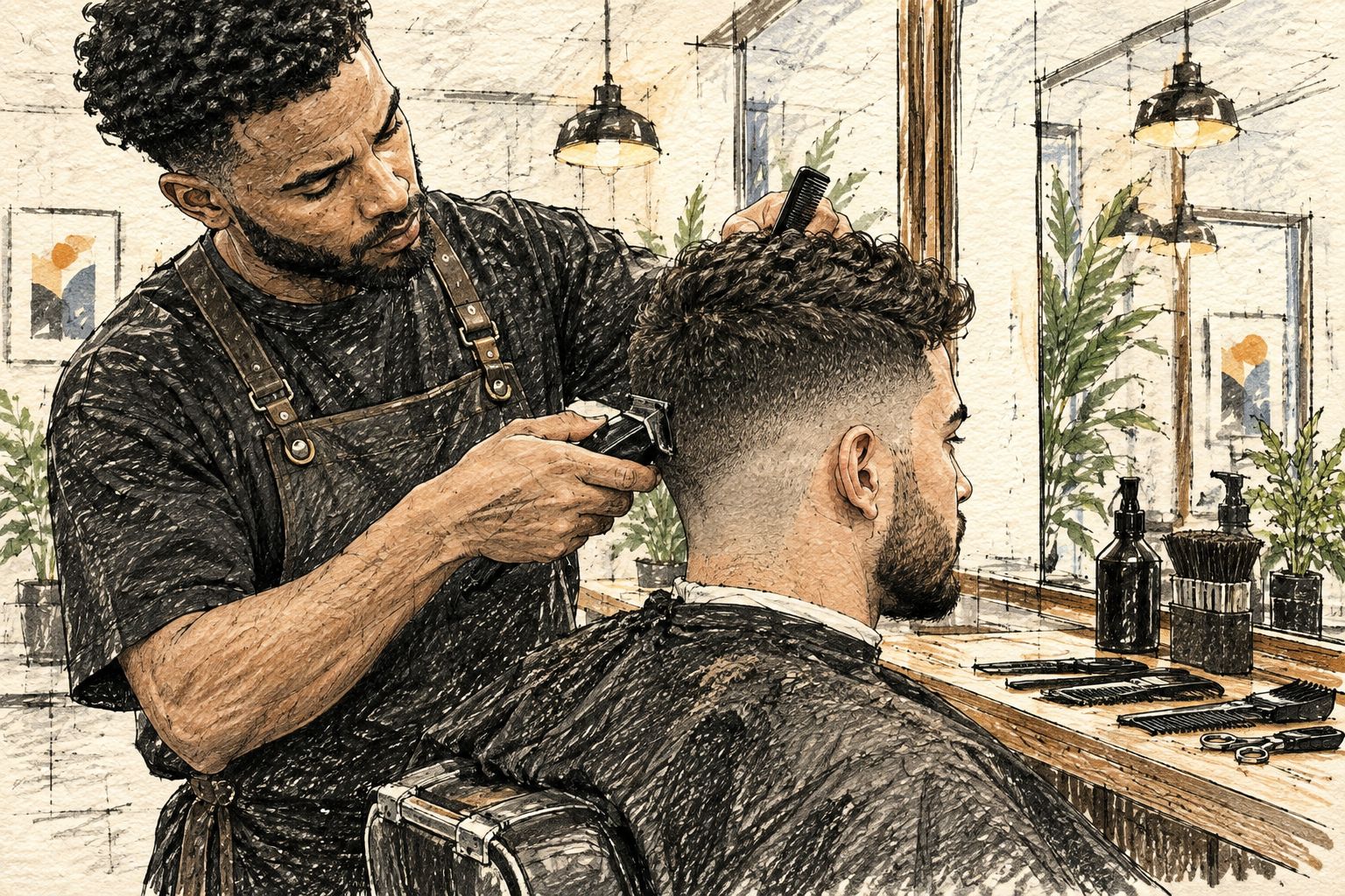 Barber blending a fade with clippers at a barbershop station