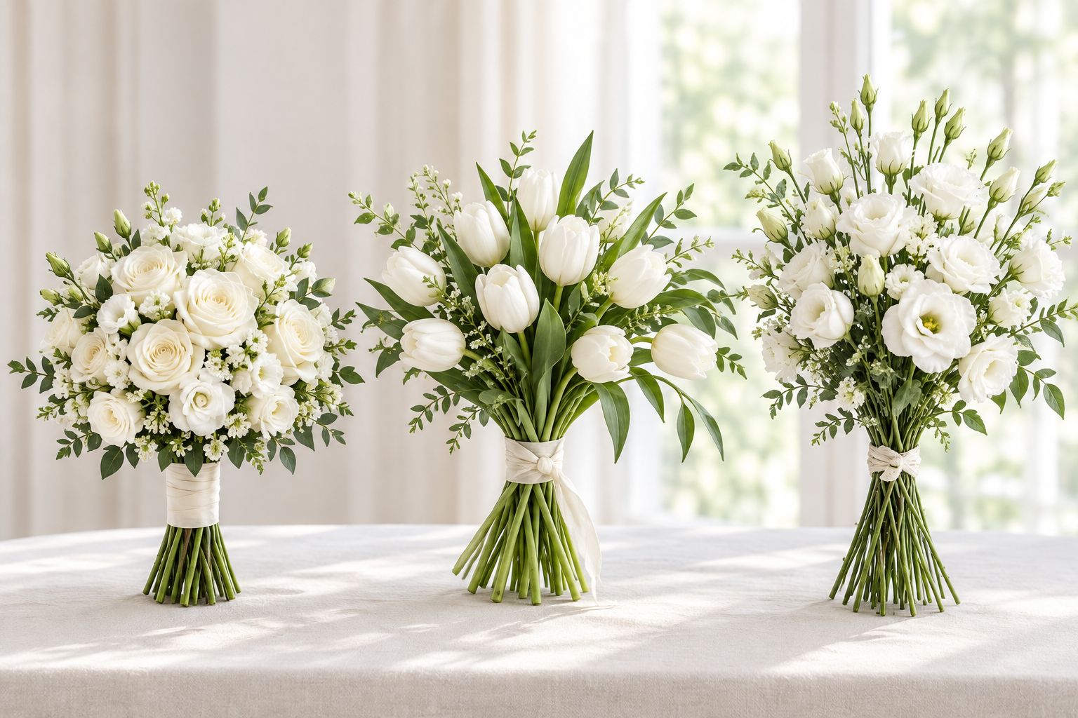 White rose, tulip and lisianthus bouquets showing rounded, curved and airy silhouettes.