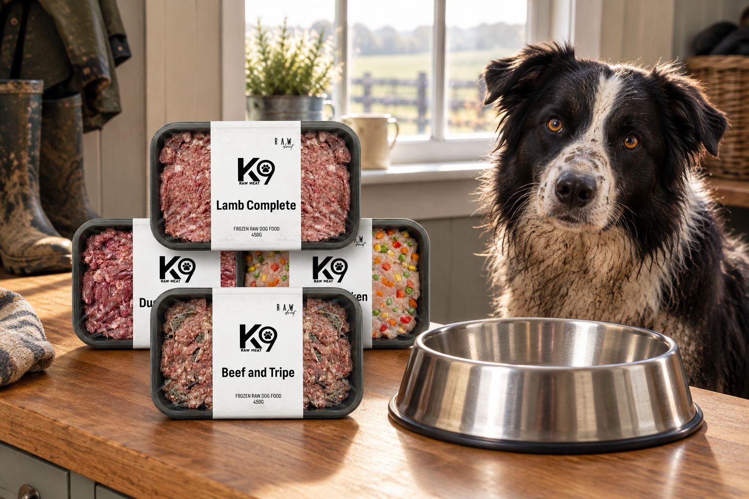 K9 Raw Mixed Flavour Box beside a dog bowl in a farm utility room